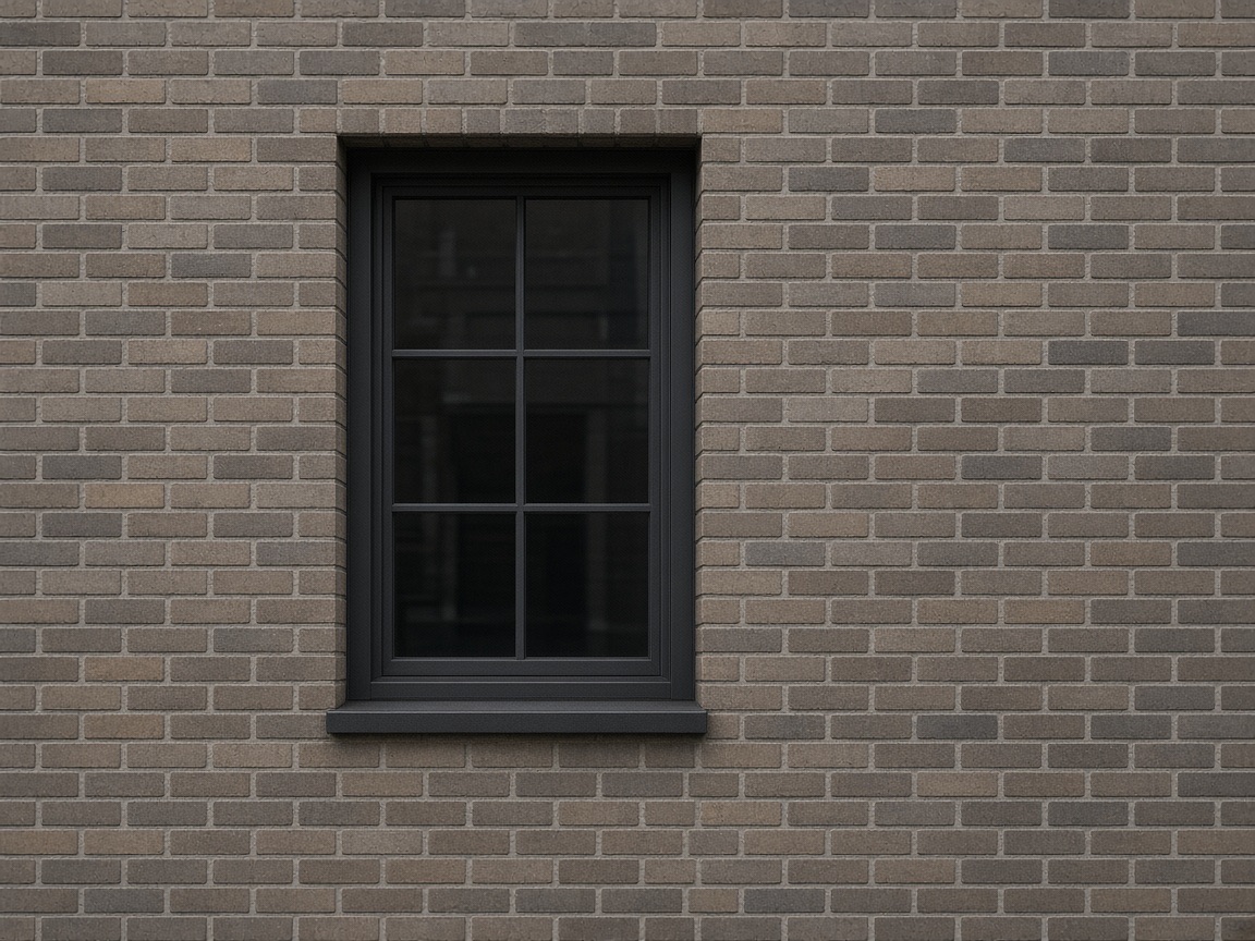 A dark punched window in the brick wall of Alder Street Offices.