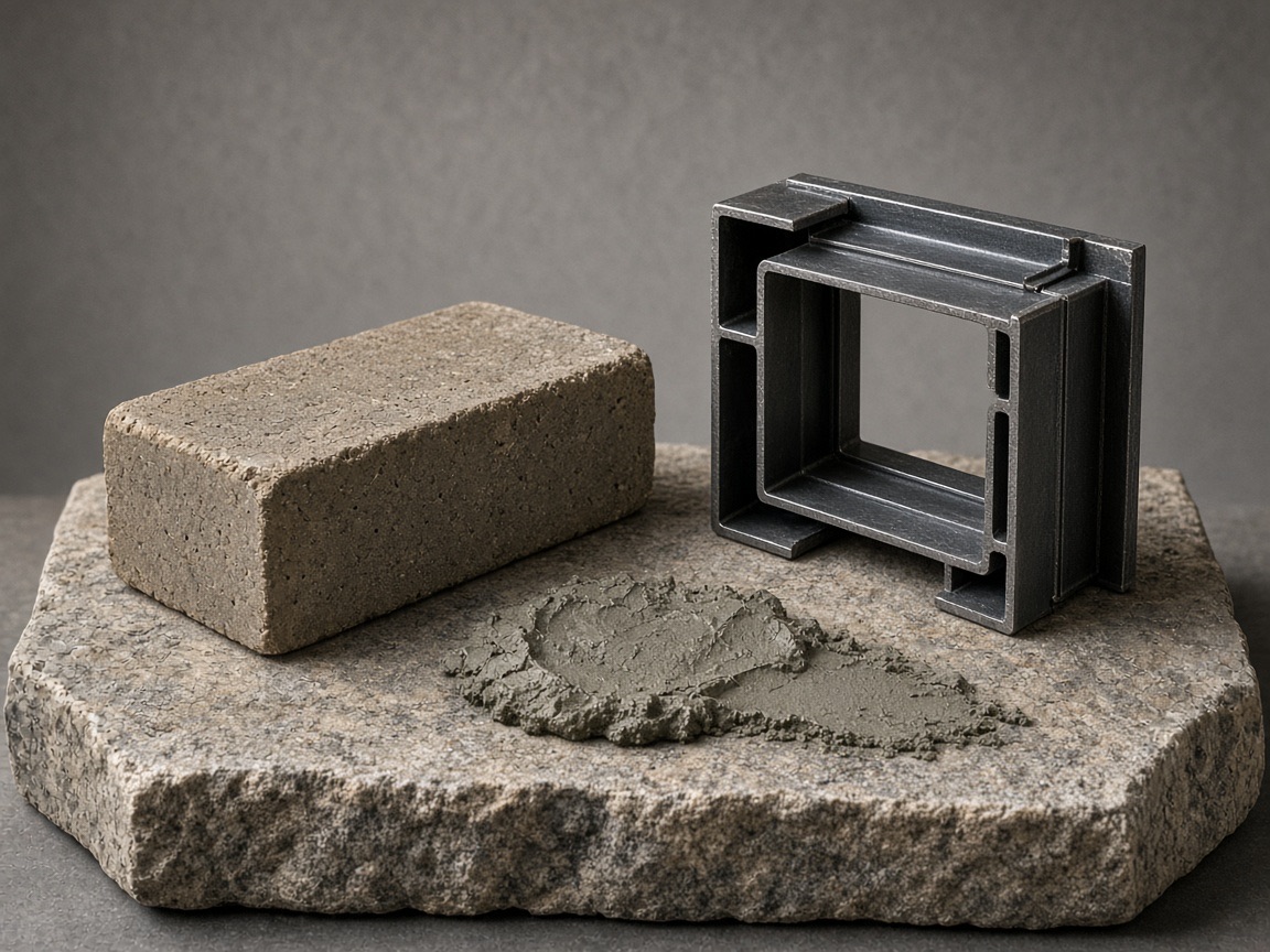 Brick, dark steel, and mortar samples for Alder Street Offices.