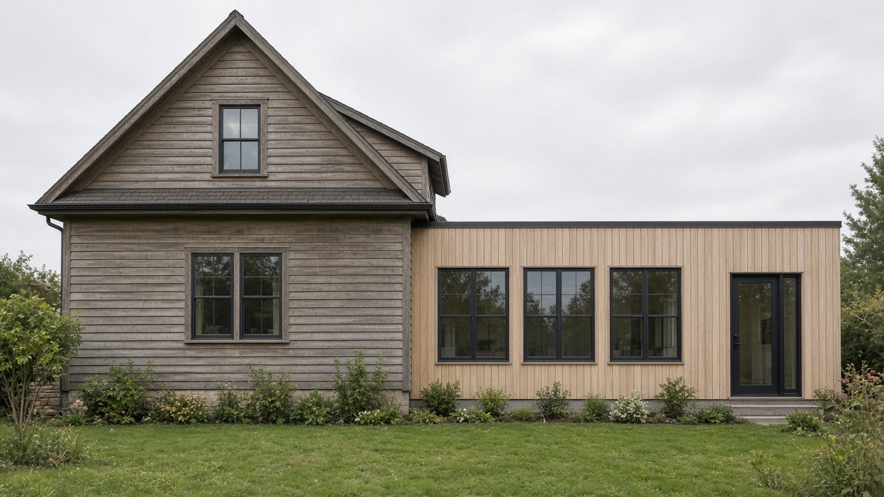 The finished Cedar Bend kitchen wing, clad in vertical wood, attached to the existing gabled house.