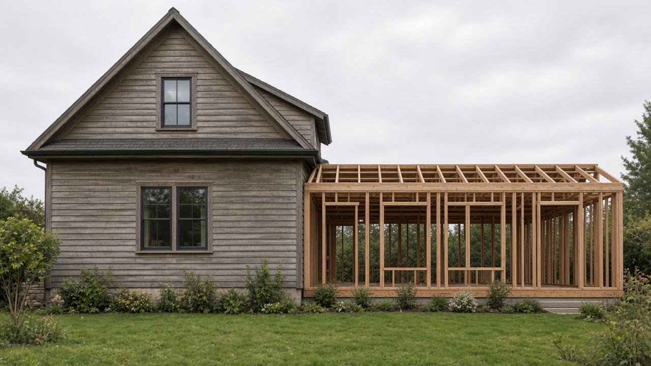 Earlier view of the Cedar Bend kitchen wing in framing, with the existing gabled house unchanged.