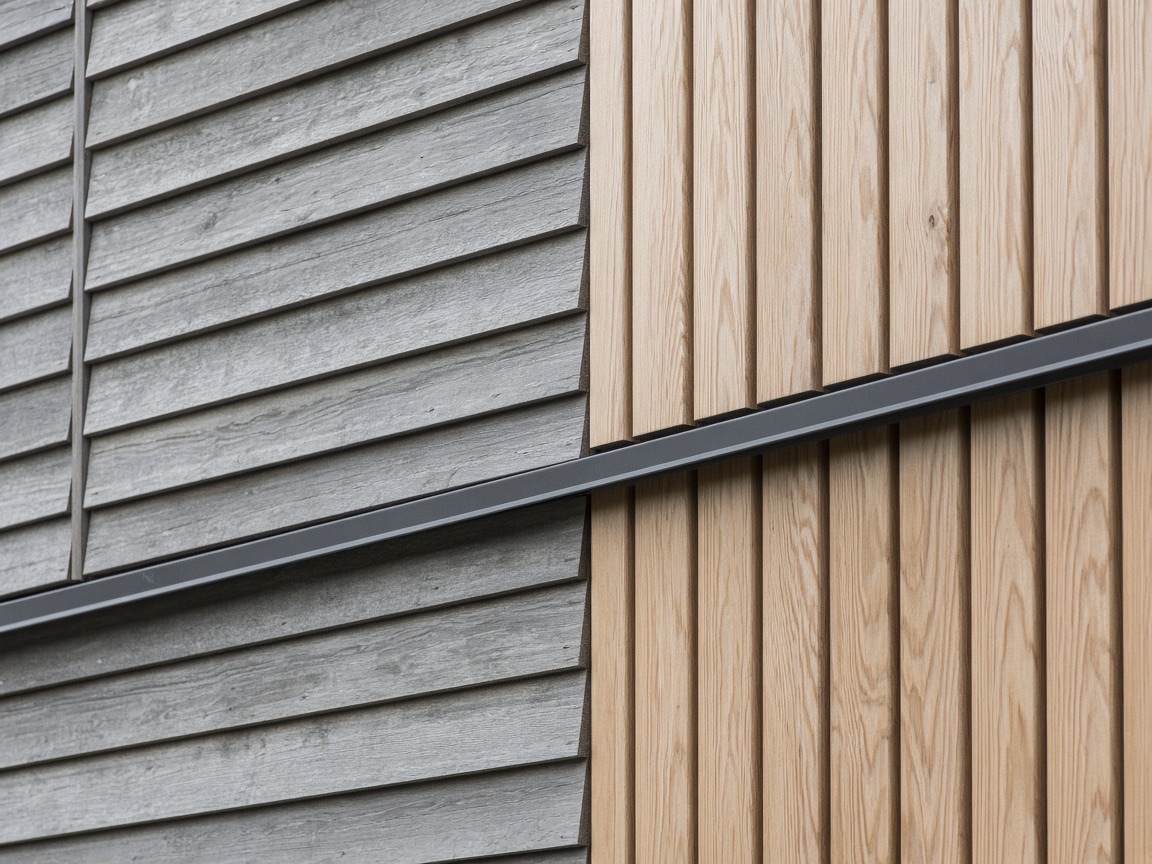 The joint where weathered horizontal siding meets the new vertical cladding at Cedar Bend.
