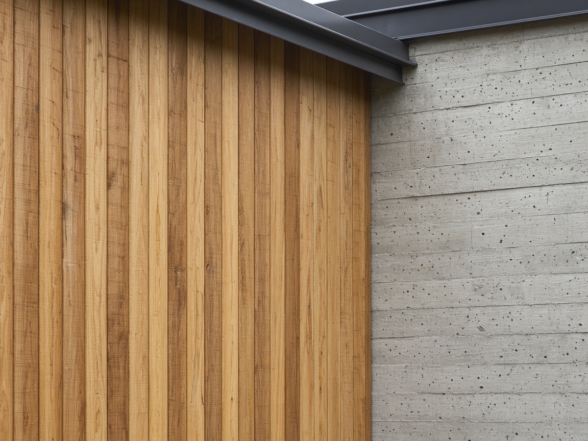 Close view of vertical timber cladding meeting board-formed concrete at Holt House.