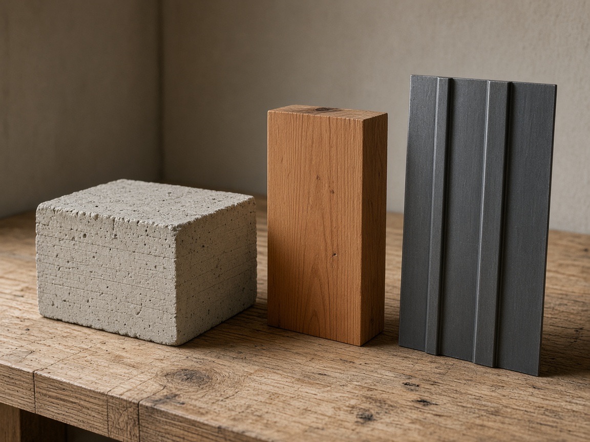 Concrete, cedar, and dark metal samples laid out for Holt House.