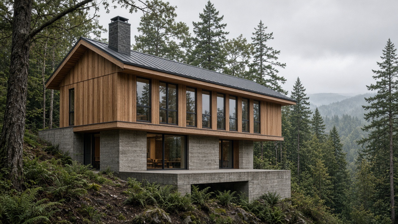 Holt House on a wooded slope, with a concrete lower level, timber upper floor, and a row of valley windows.