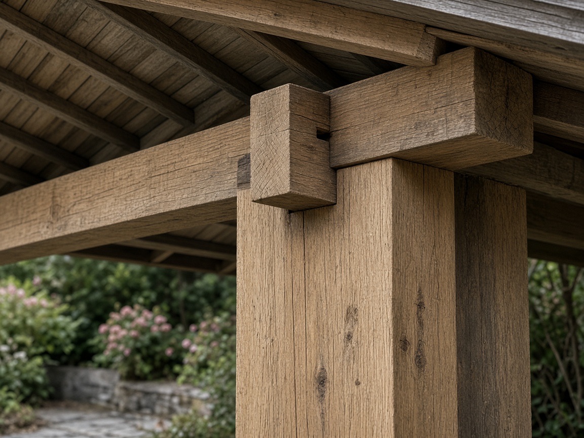 A timber post and beam joint under the eave of the Iron Creek Pavilion.