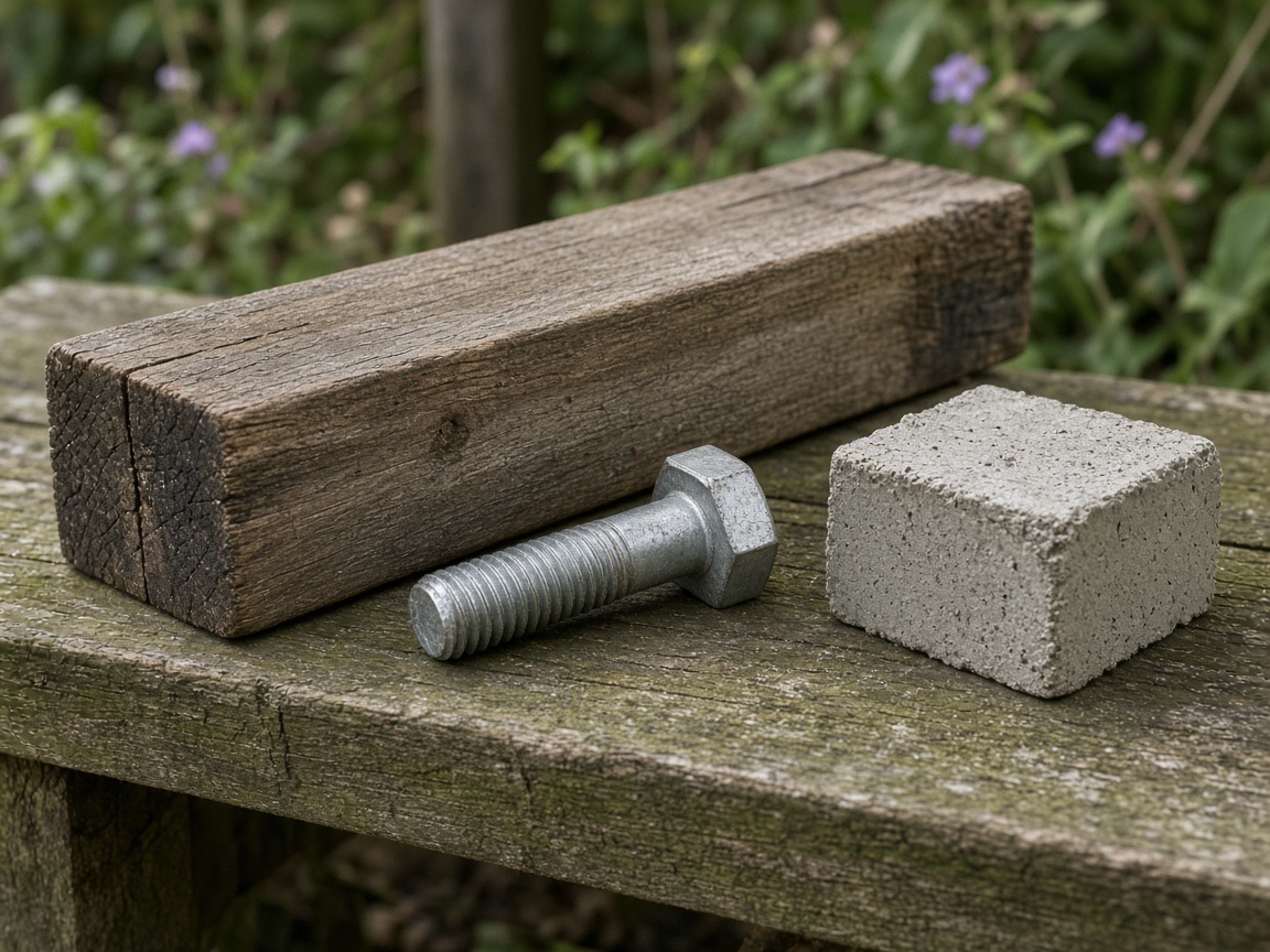 Timber, a bolt, and a concrete sample for the Iron Creek Pavilion.