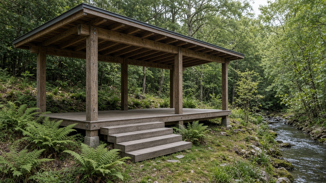 Iron Creek Pavilion, an open timber roof on posts in a sloping garden near a creek.
