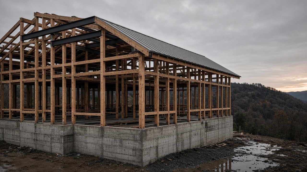 A timber frame on a board-formed concrete foundation, with a standing-seam roof started and a valley behind the site.