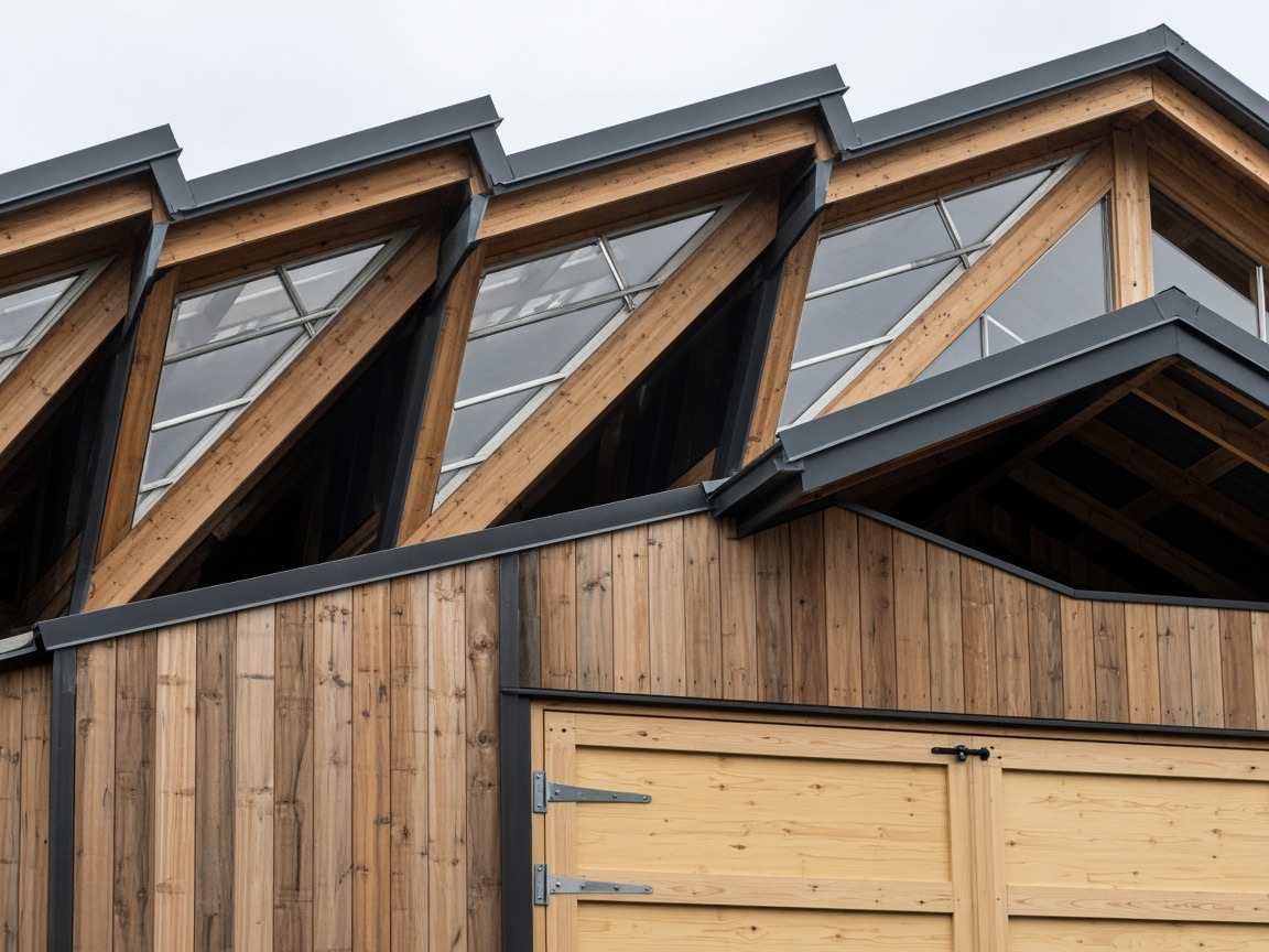 Clerestory roof and wood door of the North Fork Shop.