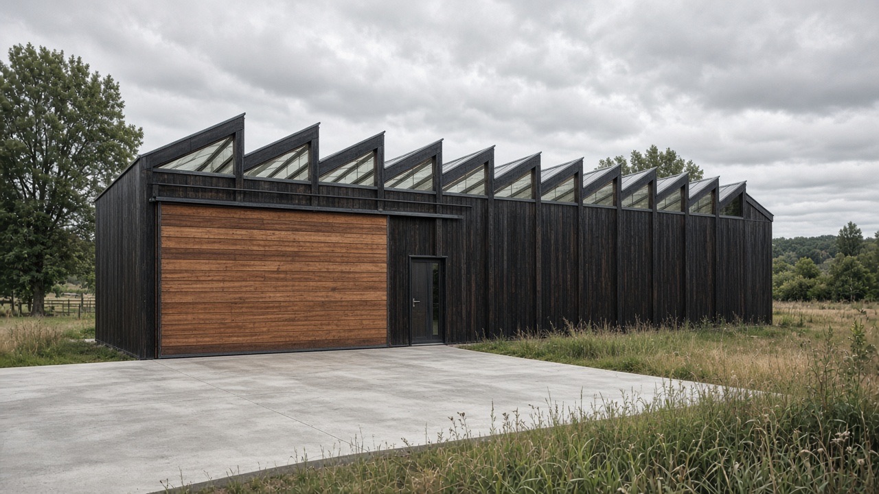 The North Fork Shop, a long low workshop with a sawtooth clerestory roof.