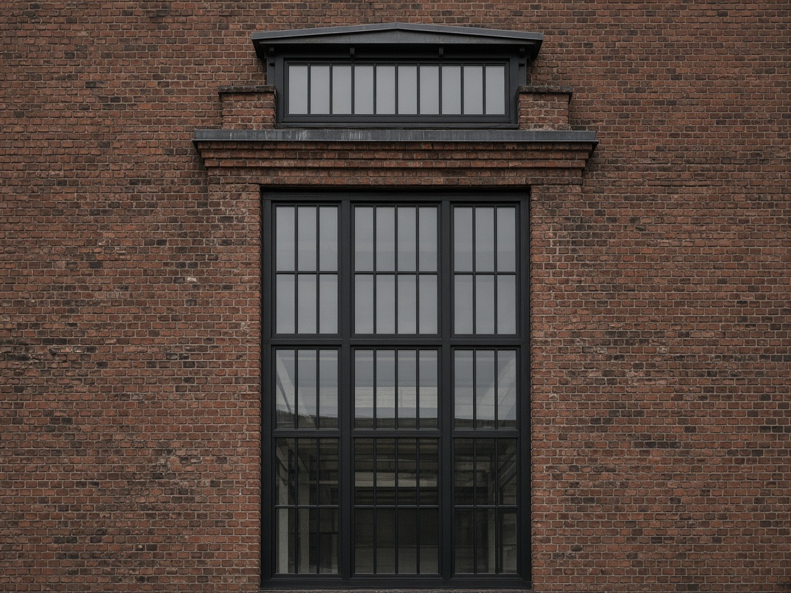 A new black steel window in the brick wall of the West Line Warehouse, with the monitor roof above.