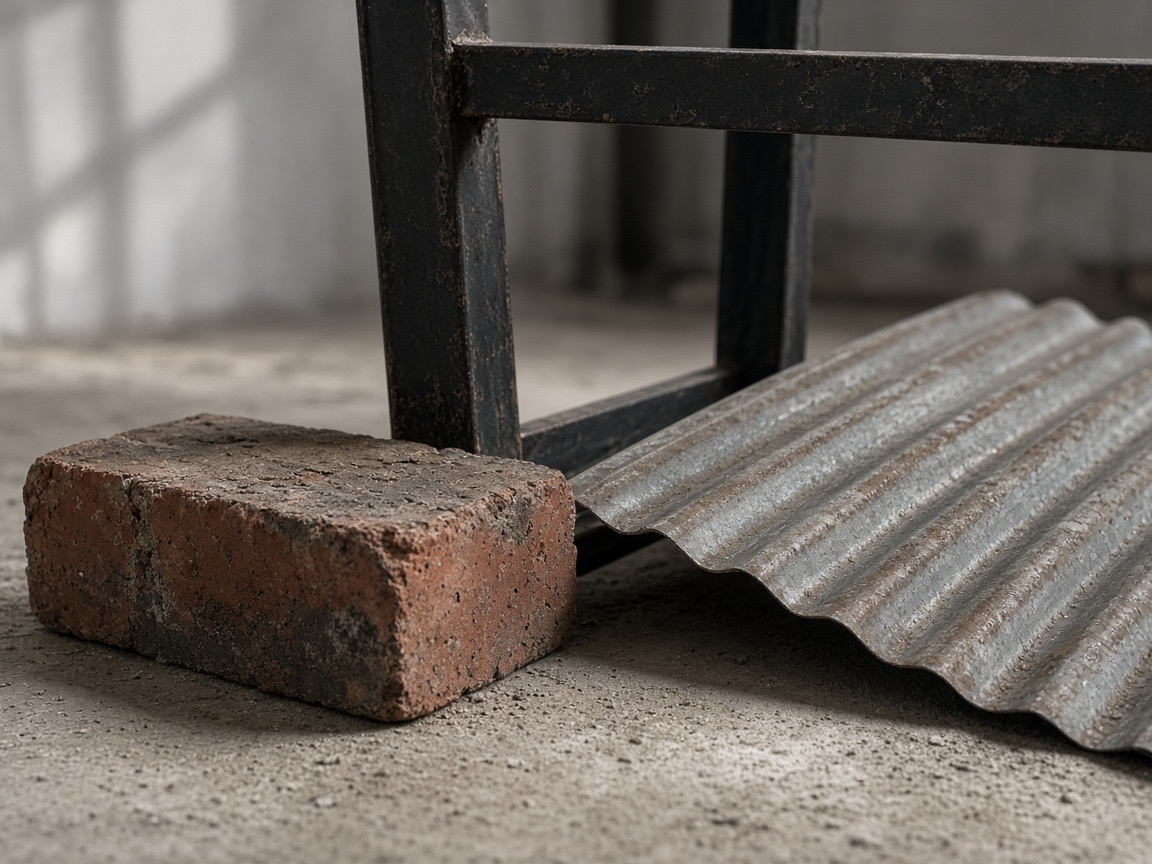 Brick, black steel, and corrugated metal samples for the West Line Warehouse.