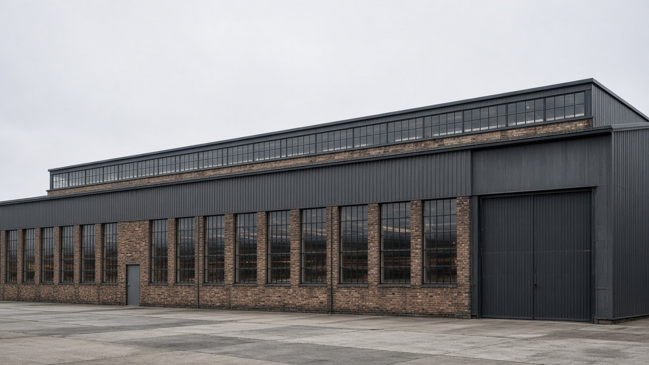 West Line Warehouse, a long industrial building with a monitor roof and a new row of windows.